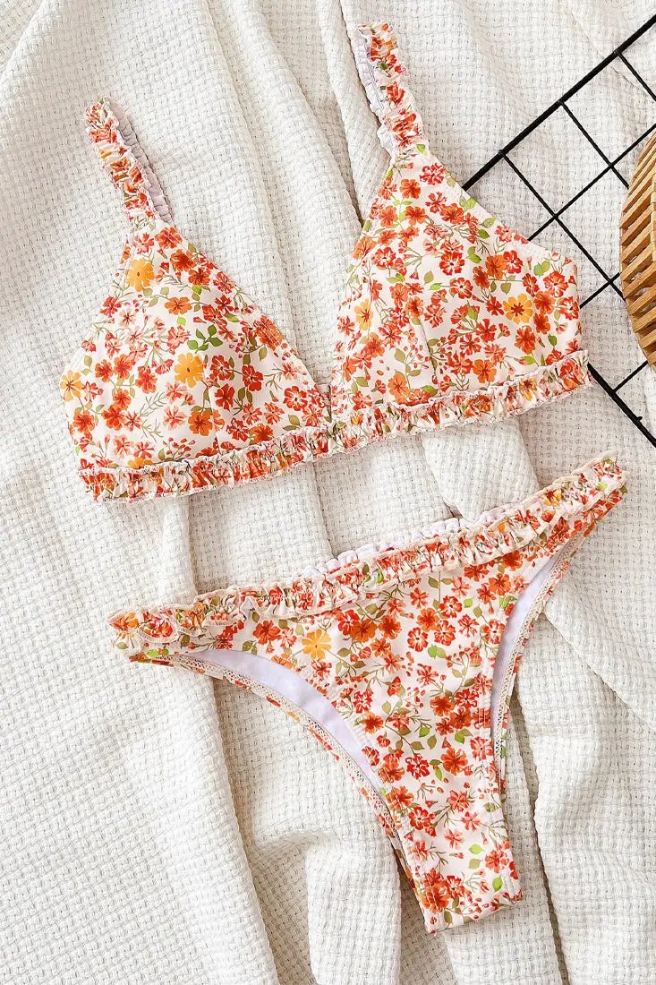 Orange Flower Print Ruffle  Cheeky 2Pc Sexy Bikini Swimsuit