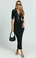 Lada Midi Dress - Short Sleeve Button Front Knit Dress in Black