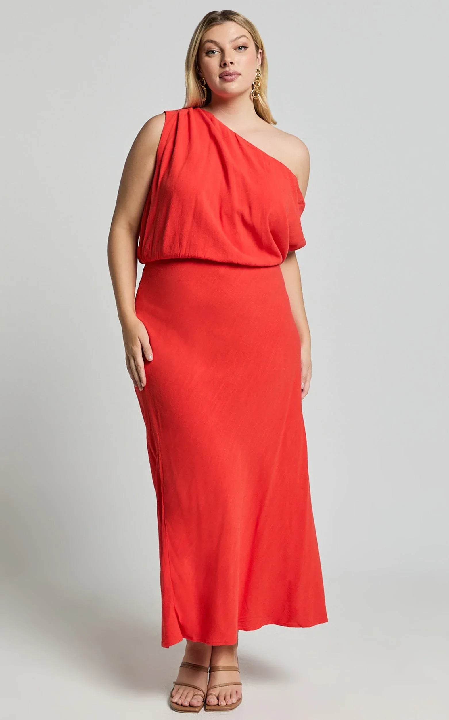 Jacqueline Midi Dress - Linen One Shoulder Dress in Sunset