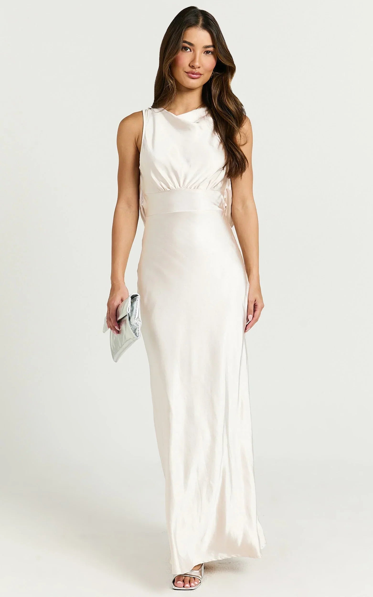 Fheliz Midi Dress - Satin Open Back Dress in Oyster