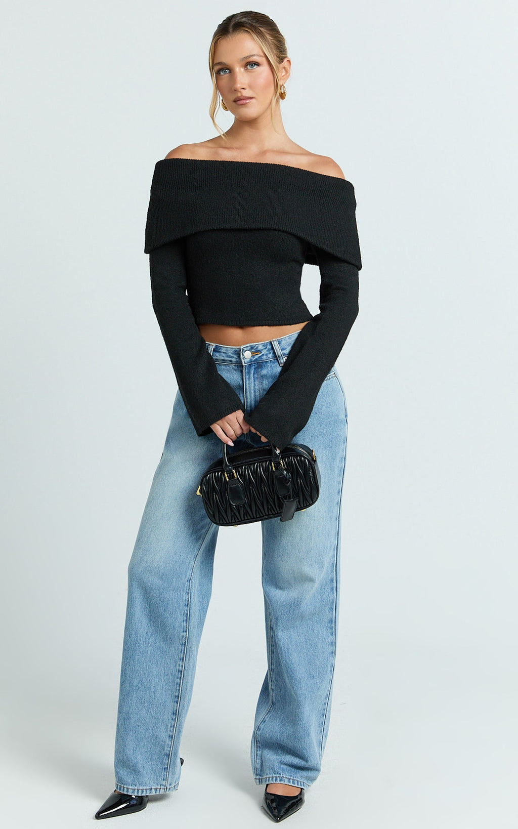 Darcie Top - Off Shoulder Long Sleeve Knit Top in Black