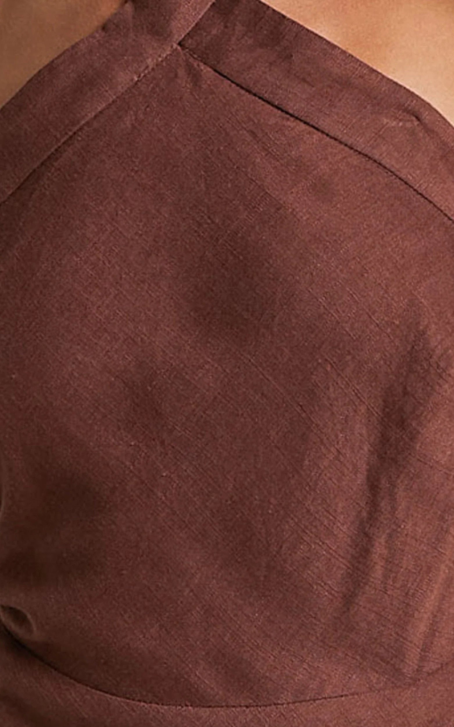 Maelynn Midi Dress - Linen Twist Halter Neck Low Back Slip Dress in Chocolate