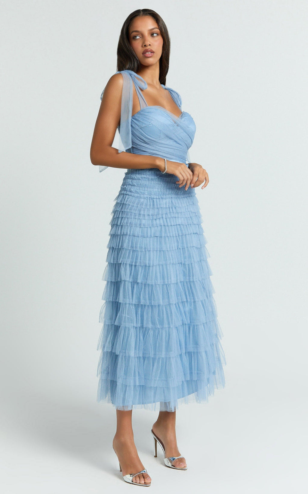 Emelia Midi Dress - Shoulder Tie Tiered Dress in Blue