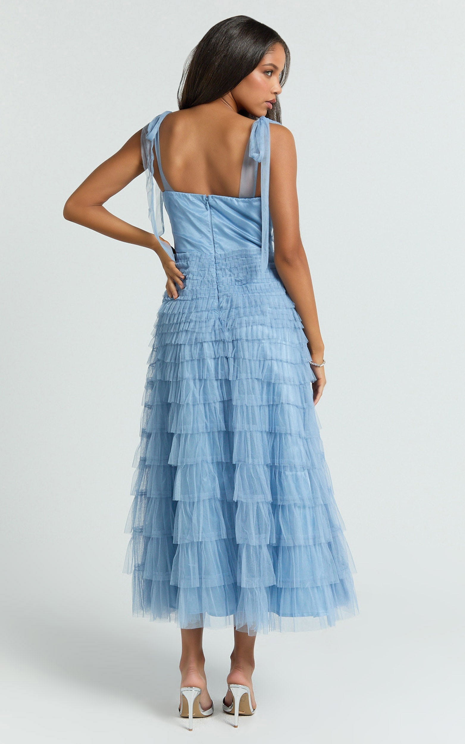 Emelia Midi Dress - Shoulder Tie Tiered Dress in Blue