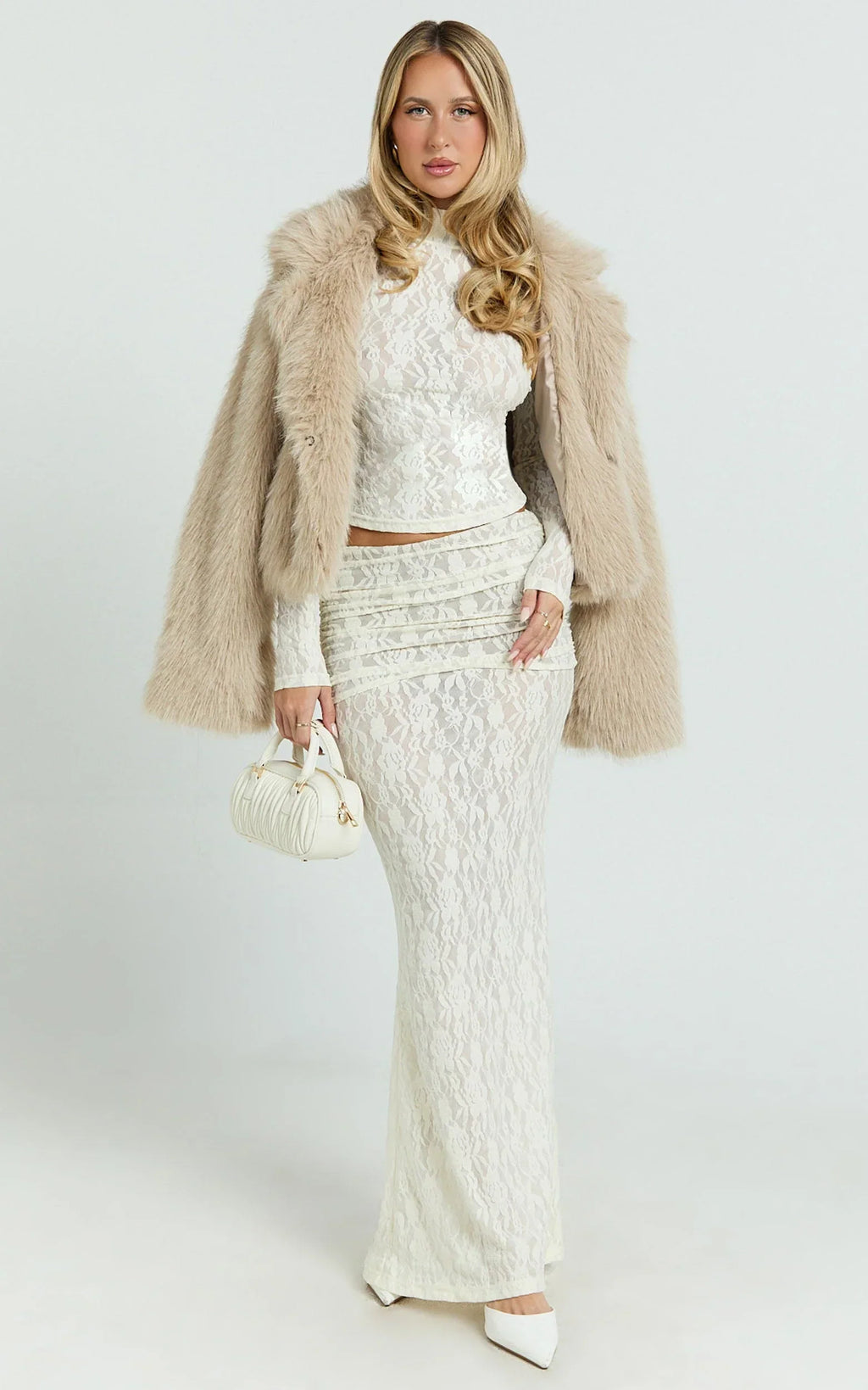 Kathleen Maxi Skirt - Mid Rise Ruched Wide Band Fishtail Jersey Skirt in Cream