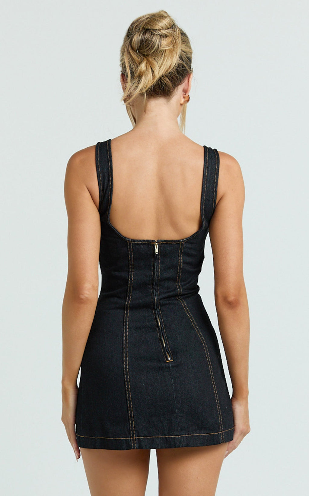 Fabia Mini Dress - Denim Square Neck Fitted Dress in Dark Wash