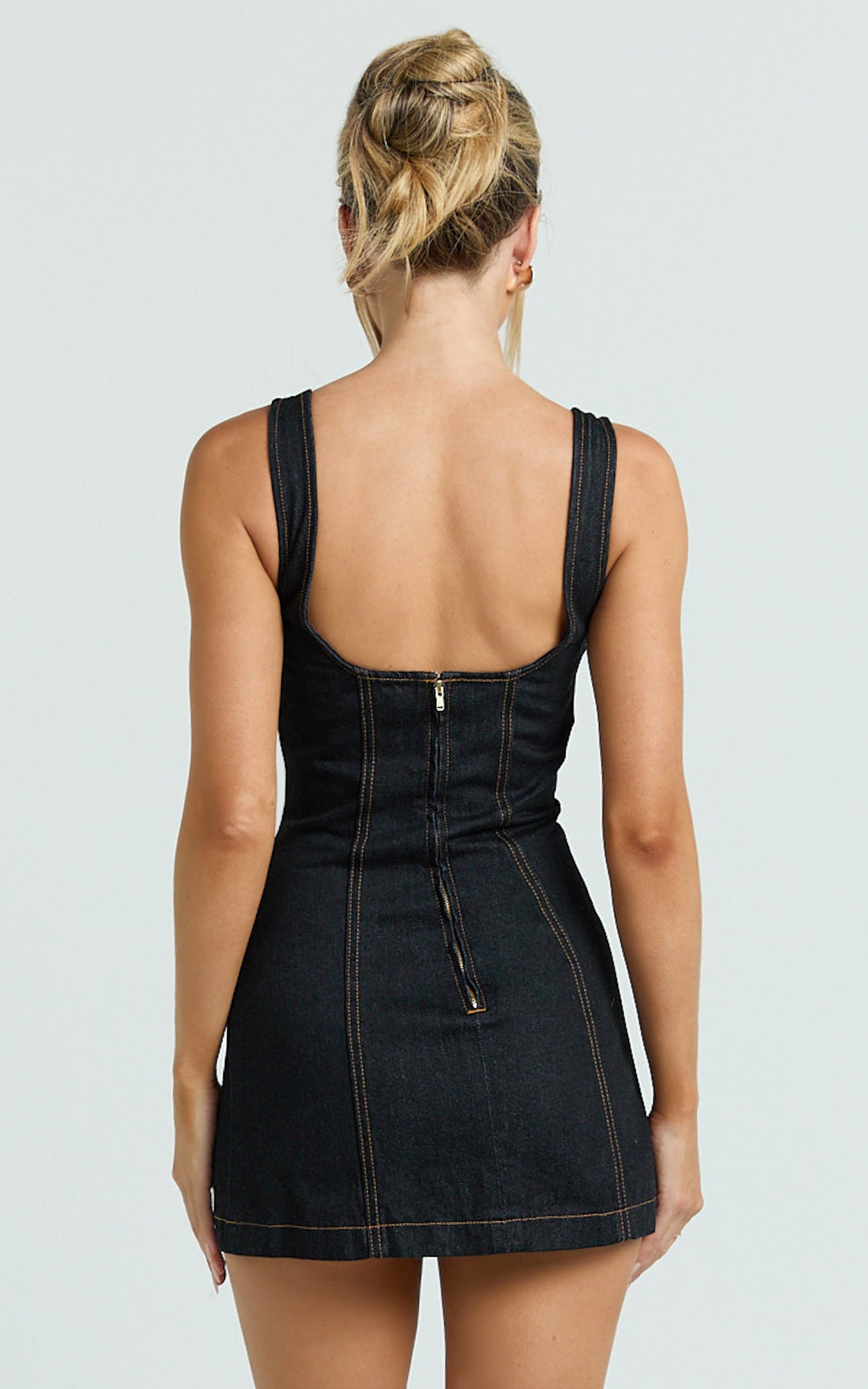 Fabia Mini Dress - Denim Square Neck Fitted Dress in Dark Wash