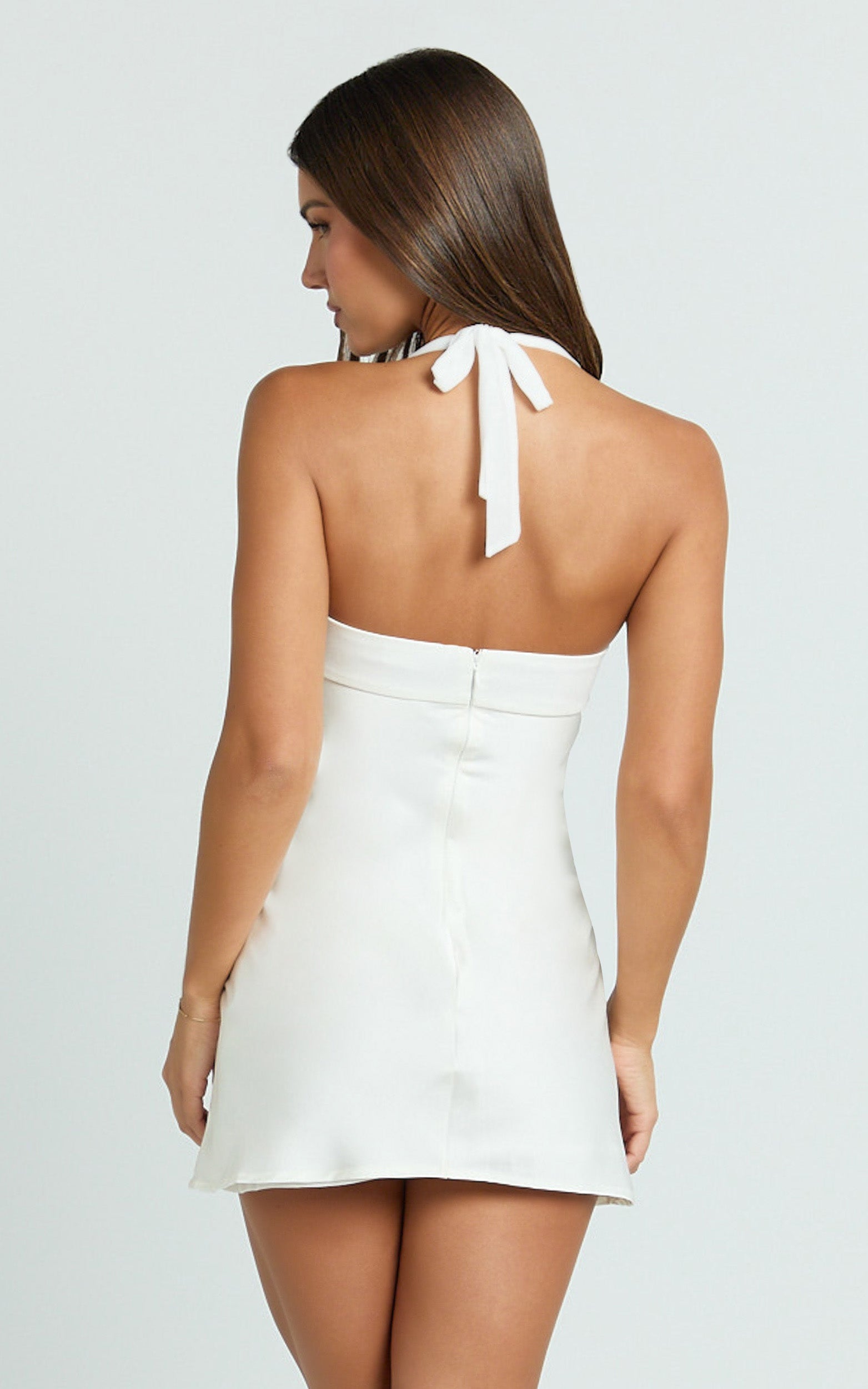 Flynn Mini Dress - Satin Halter Sweetheart Neck Dress in Ivory