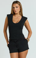 Gail Top - Sleeveless Square Shoulder Pad Deep V Jersey Top in Black