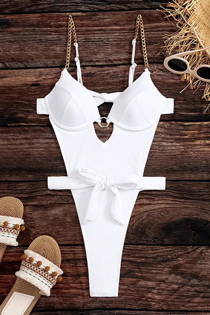 White Gold Chain O-Ring High Cut Wrap Waist Sexy Monokini 1Pc Swimsuit