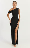 Helen Maxi Dress - One Shoulder Draped Fitted Dress in Black