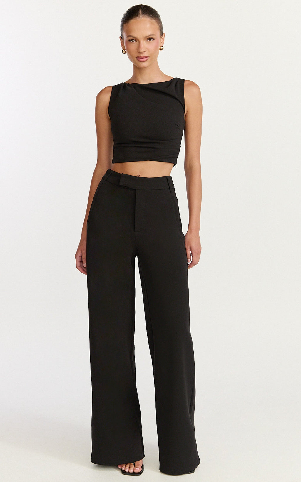 Helen Two Piece Set - Crepe Twisted Top And Wide Leg Pants in Black