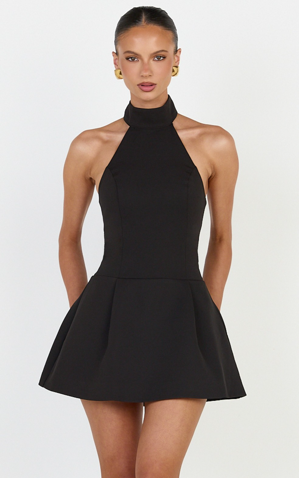 Helia Mini Dress - High Halter Neck Scarf Detail A Line Dress in Black