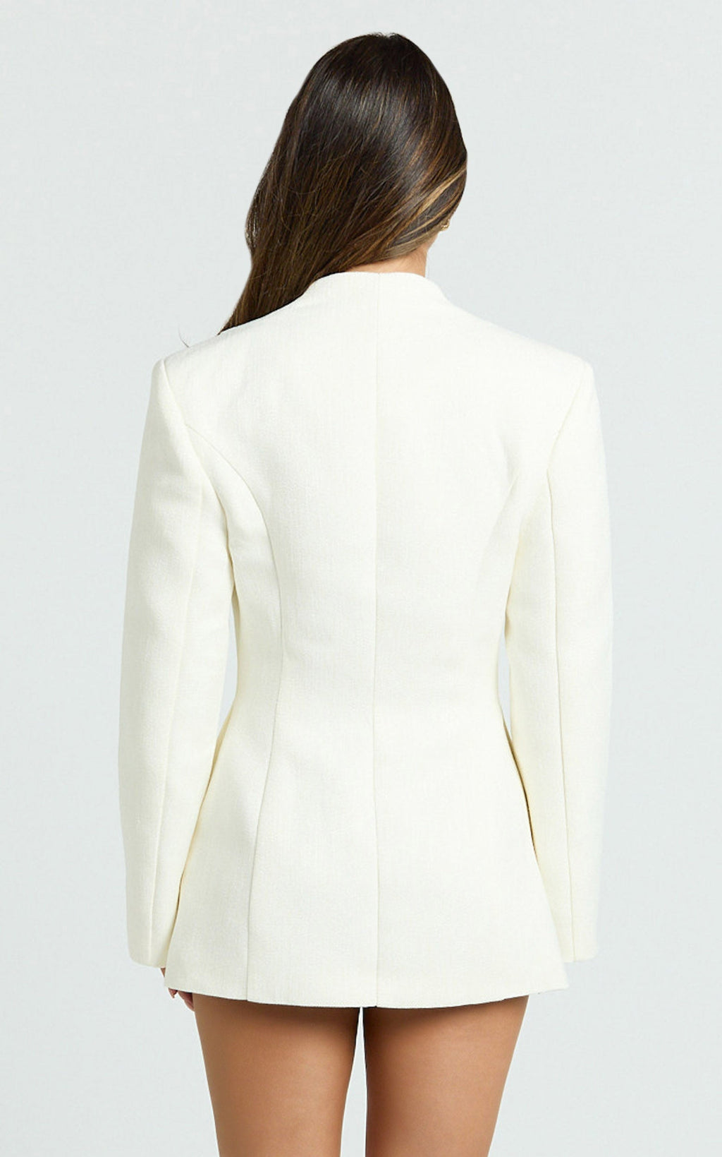 Hepburn Mini Dress - Gold Hardware Button Detail Wrap Front Blazer Dress in White