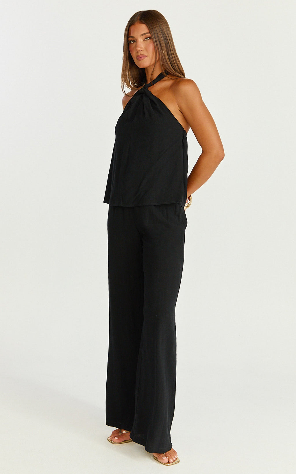 Ingrid Two Piece Set - Knot Detail Halter Neck Top and Wide Leg Pants Set in Black