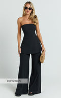 Isadora Two Piece Top and Pants Set - Strapless Longline Top and Wide Leg Pants Set in Black