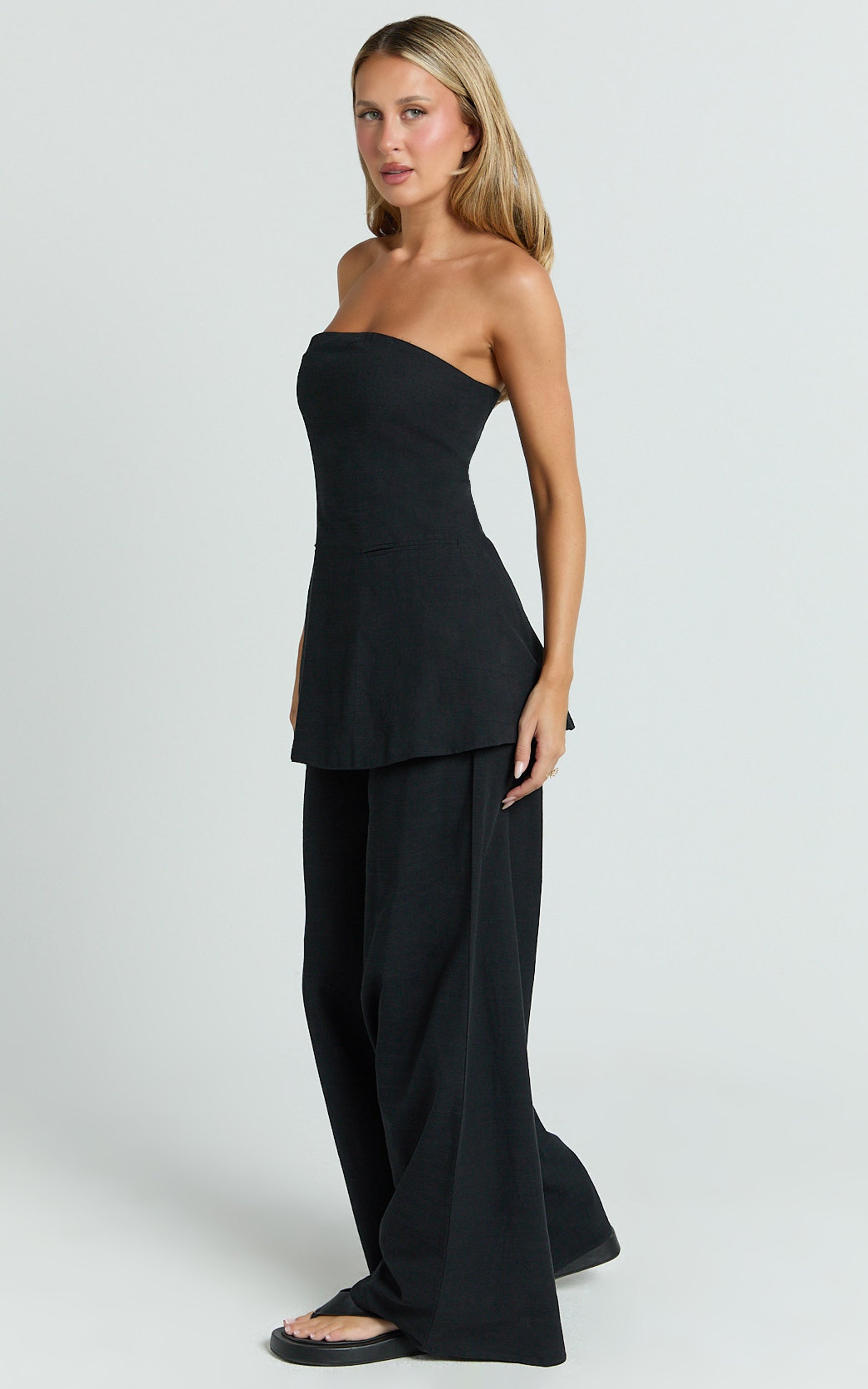 Isadora Two Piece Top and Pants Set - Strapless Longline Top and Wide Leg Pants Set in Black