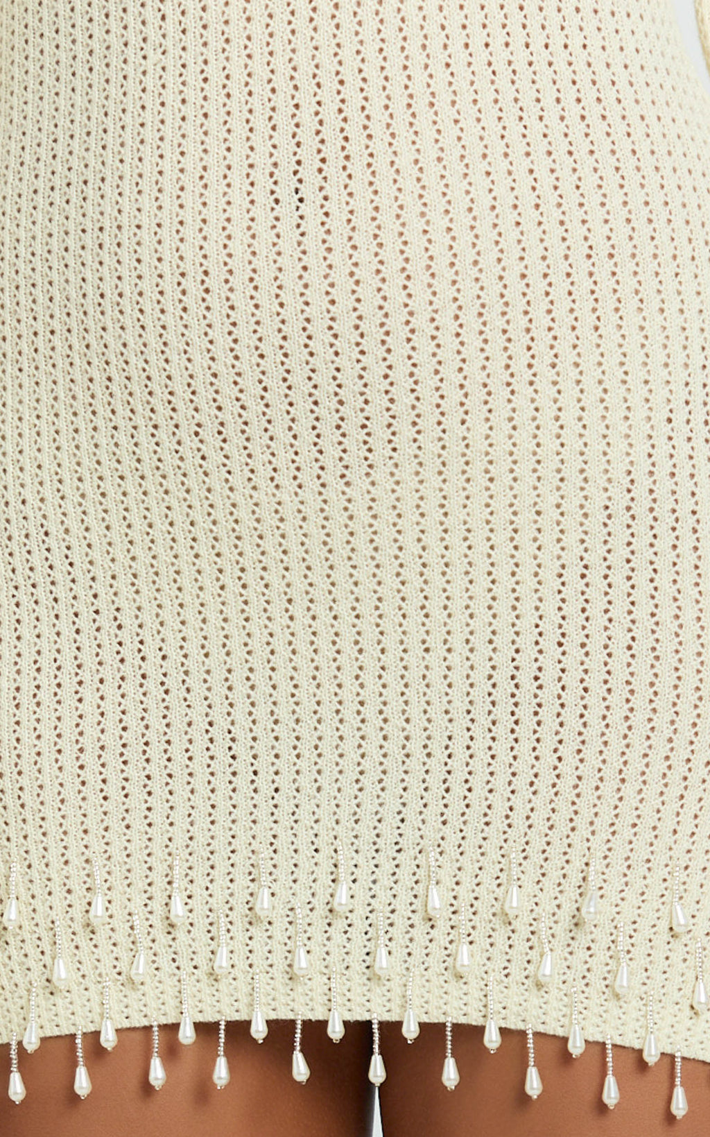 Izira Mini Dress - Knit One Shoulder Long Sleeve Pearl Bead Dress in Ivory