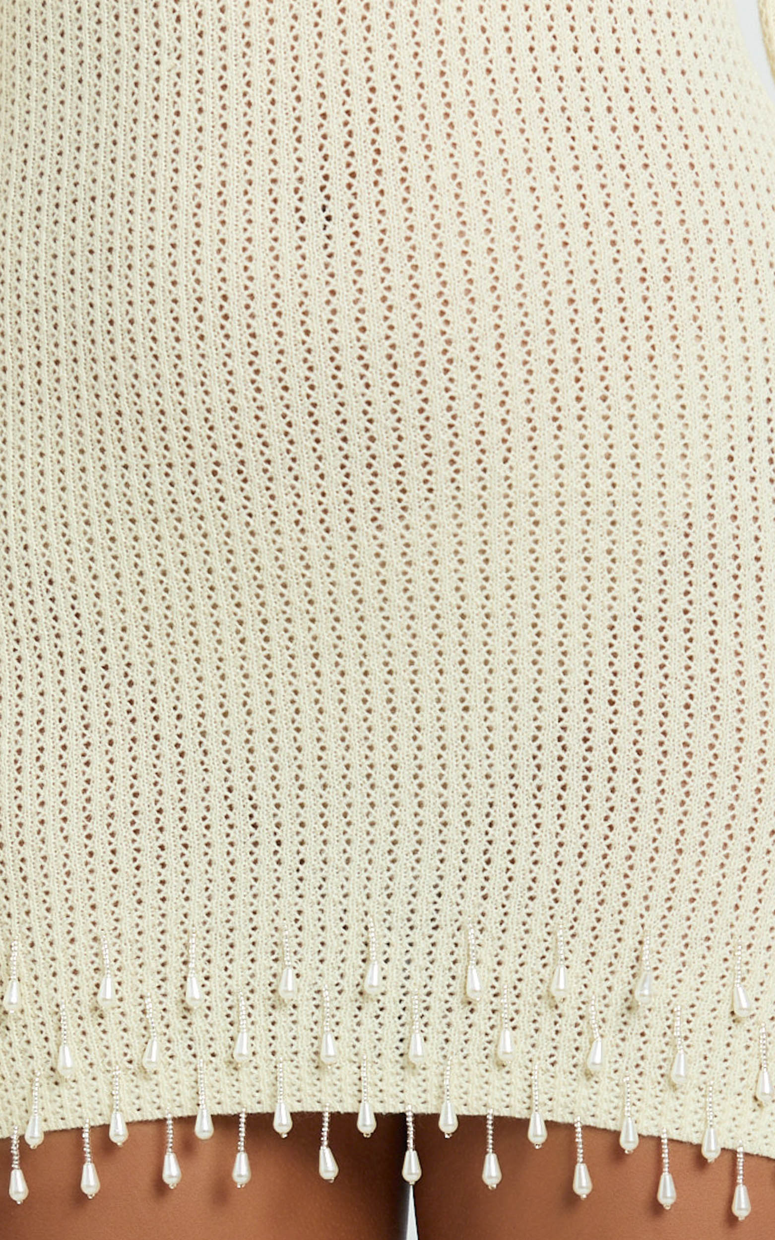 Izira Mini Dress - Knit One Shoulder Long Sleeve Pearl Bead Dress in Ivory