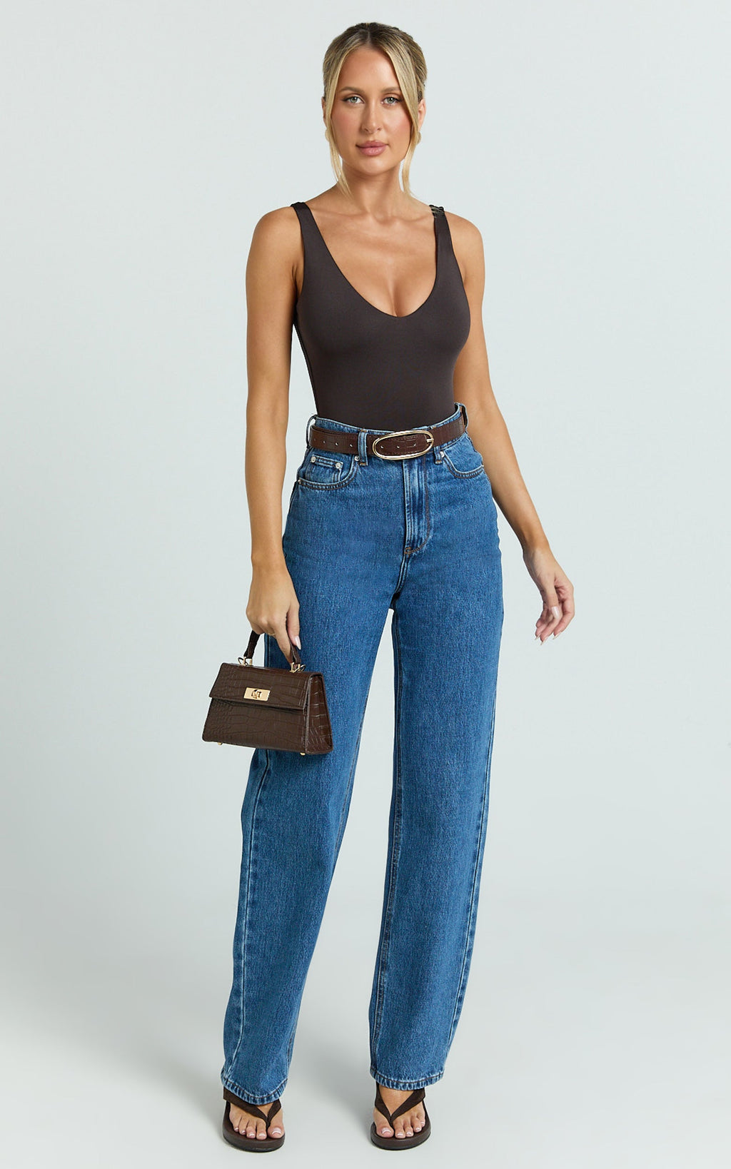 Jamie Bodysuit - V Neck Bodysuit in Chocolate