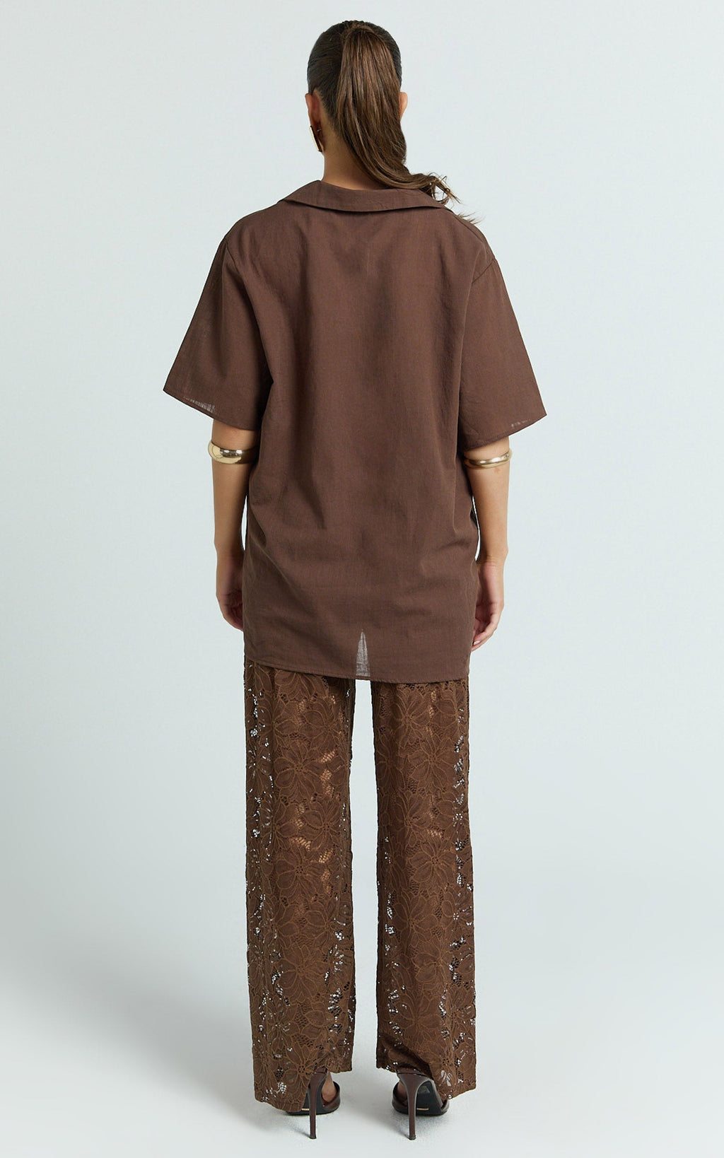 Jemma Two Piece Set - Relaxed Shirt and Lace Pants Set in Choc