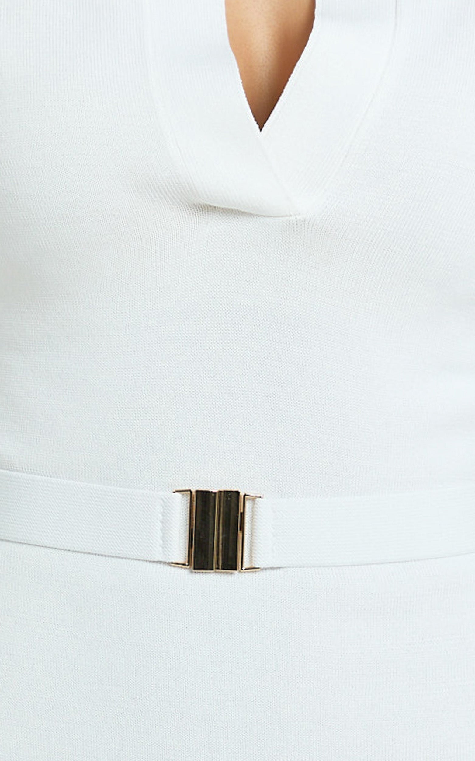 Jenner Mini Dress - Henely Button Front Short Sleeve Fitted Skirt Knit Dress with Hardware Detail in White