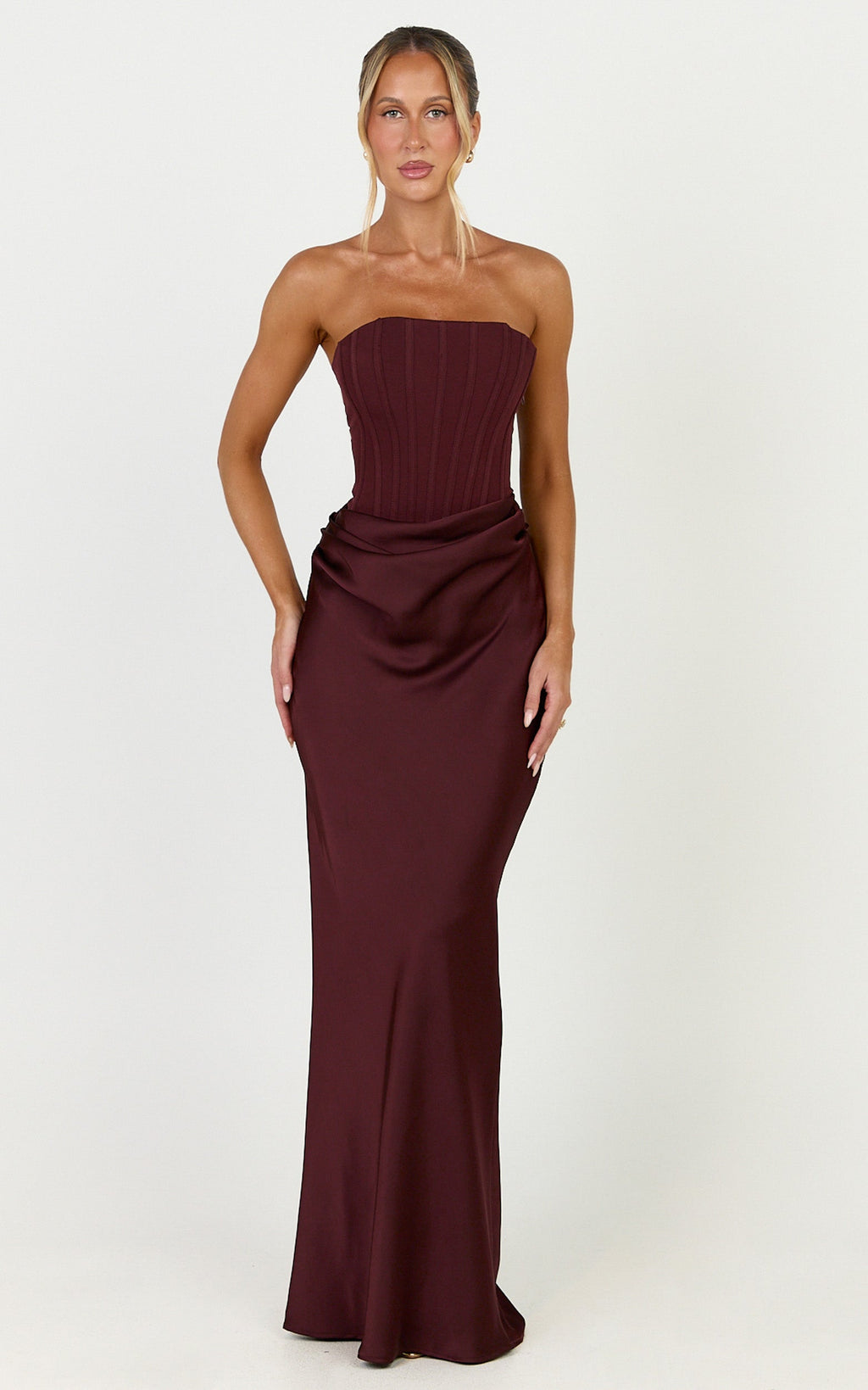 Kailani Maxi Dress - Strapless Corset Bodice Lace Up Back Dress in Chocolate
