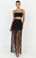 Kara Two Piece Top and Skirt Set - Micro Top And Fringed Mini Skirt Set in Black