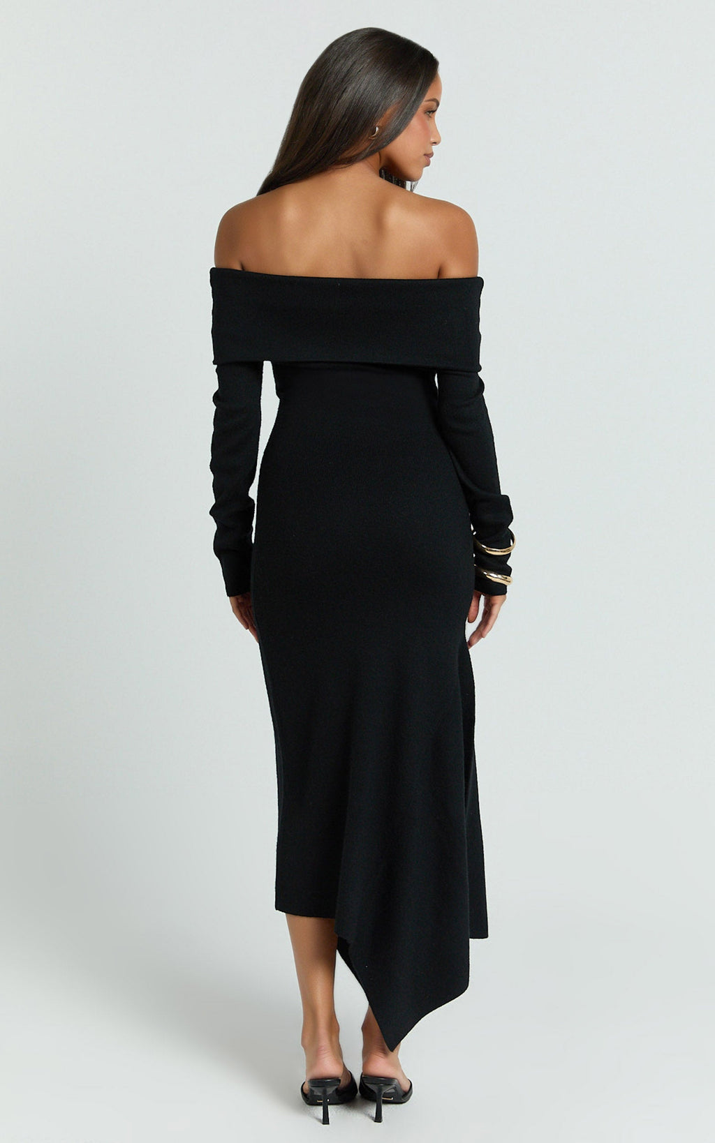 Karina Midi Dress - Long Sleeve Folded Off Shoulder Asymmetric Dress in Black