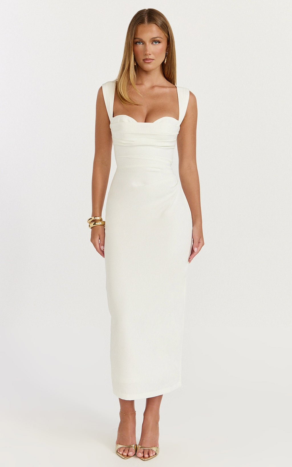 Kenna Midi Dress - Gathered Bust Tucked Waist Dress in Off White