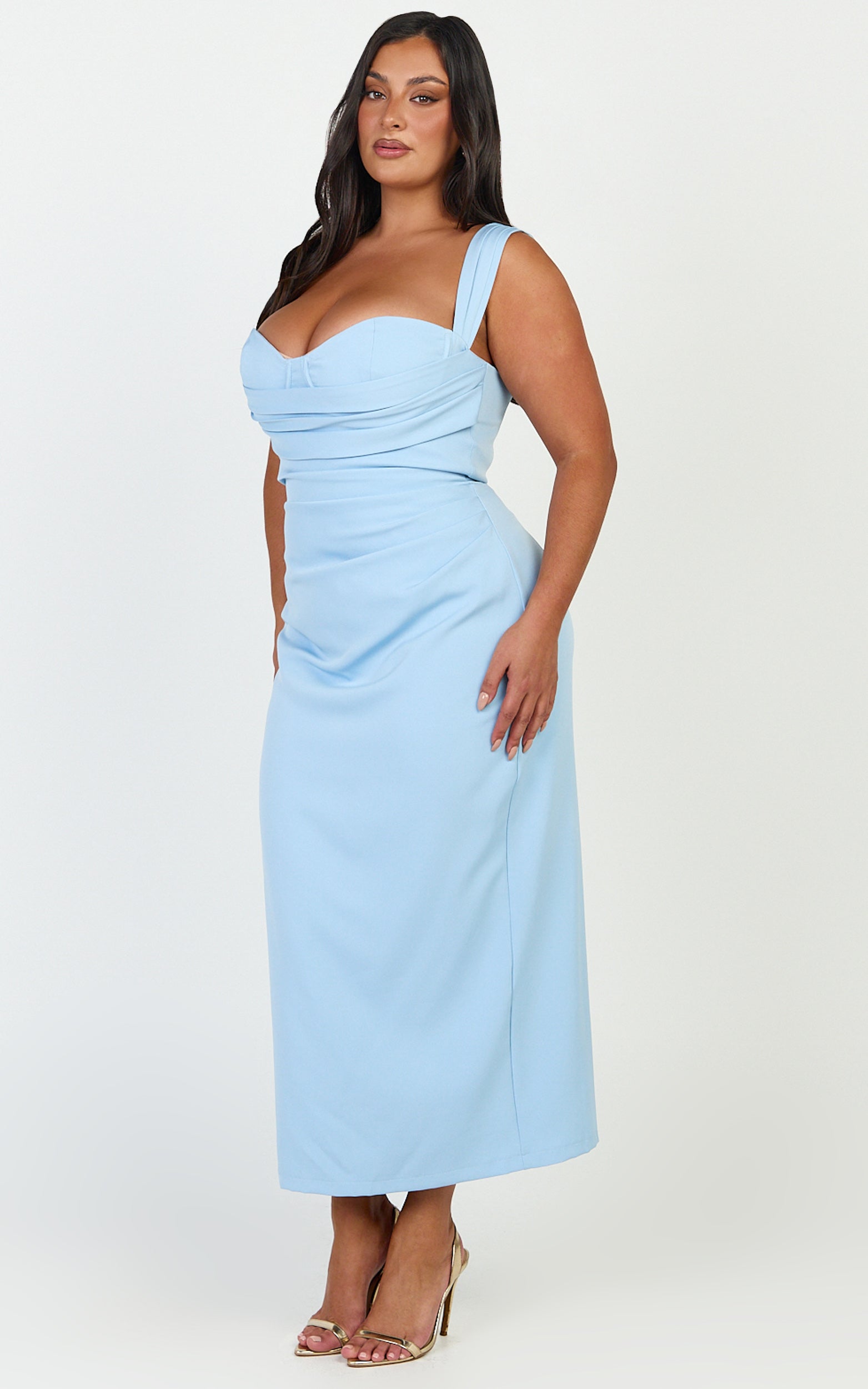 Kenna Midi Dress - Gathered Bust Tucked Waist Dress in Pale Blue