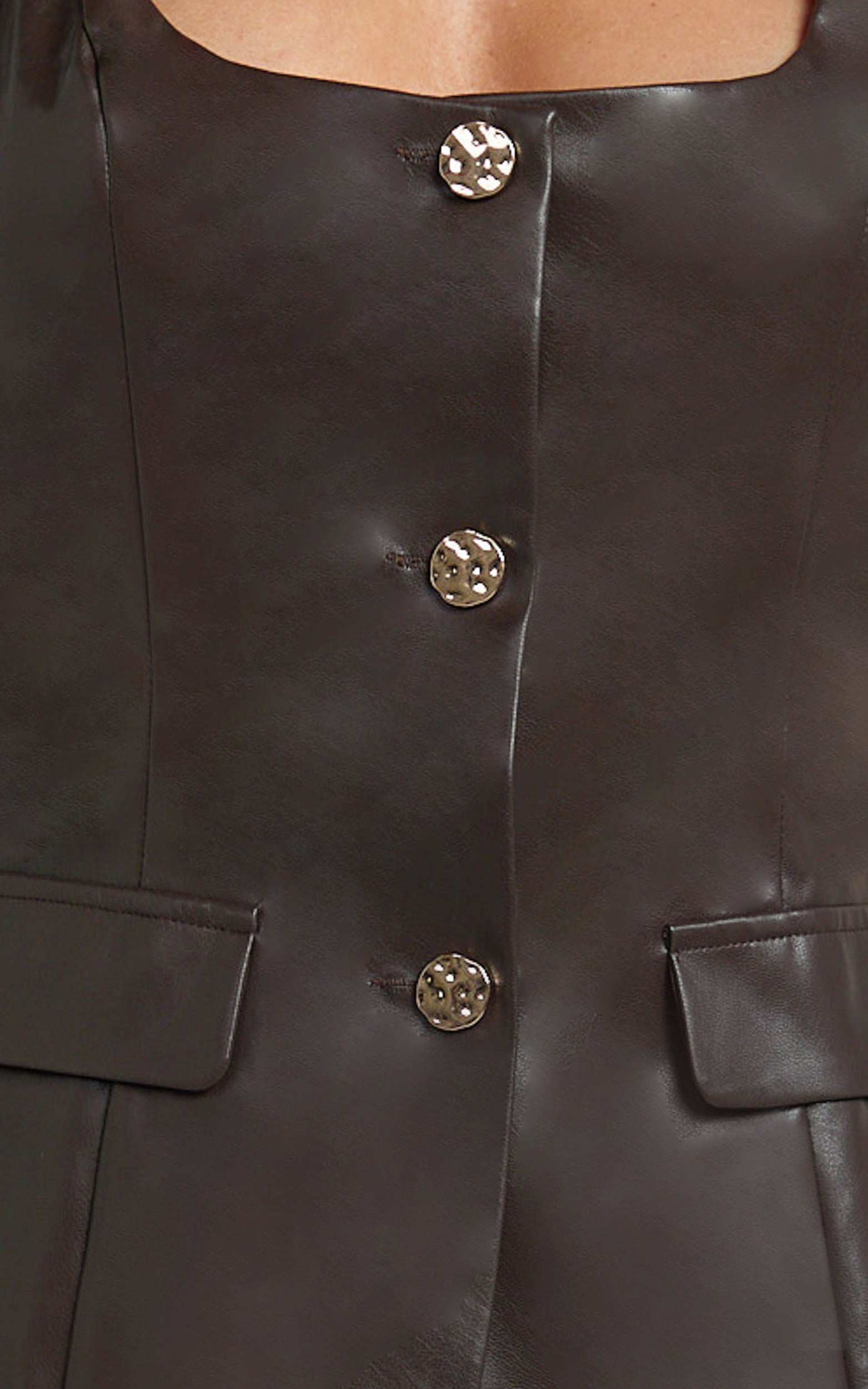 Leanne Two Piece Set - Faux Leather Scoop Neck Vest Top and High Waist Mini Skirt Set in Chocolate