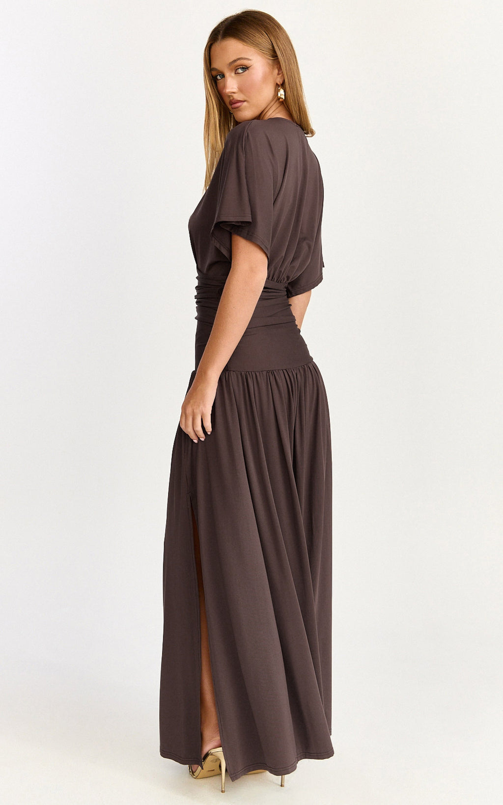 Liana Maxi Dress - Wide Sleeve Tie Waist Maxi Dress in Chocolate