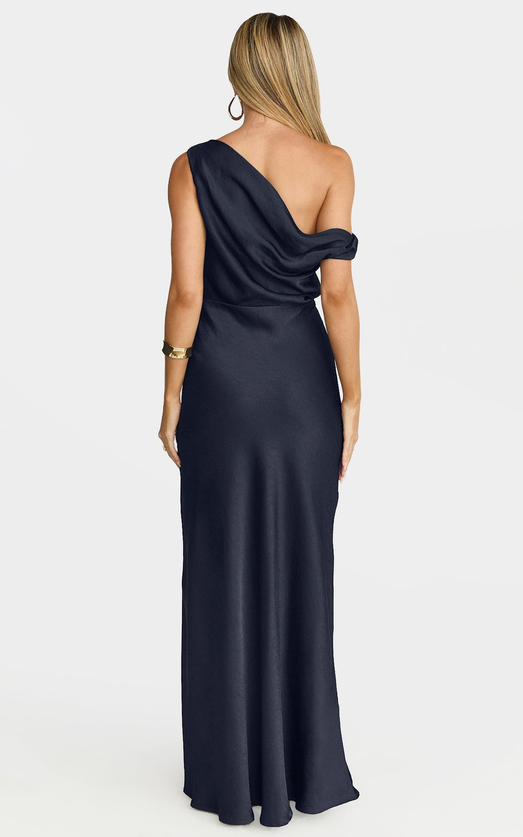 Lira Maxi Dress - One Shoulder Satin Dress in Navy