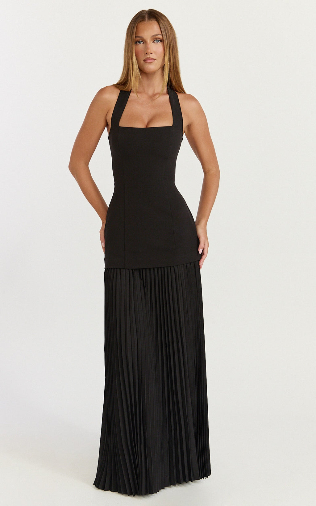 Loretta Maxi Dress - Contrast Halter Neck Pleated Dress in Black
