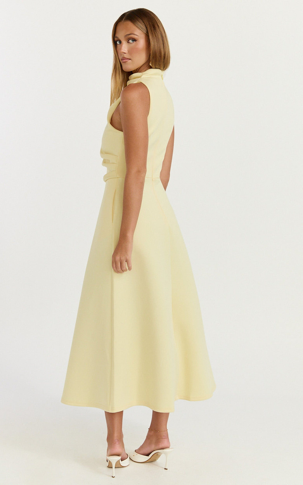 Macy Midi Dress - High Neck A Line Dress in Lemon