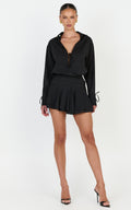 Melanie Mini Dress -  Tie Front Long Sleeve Shirt Dress in Black