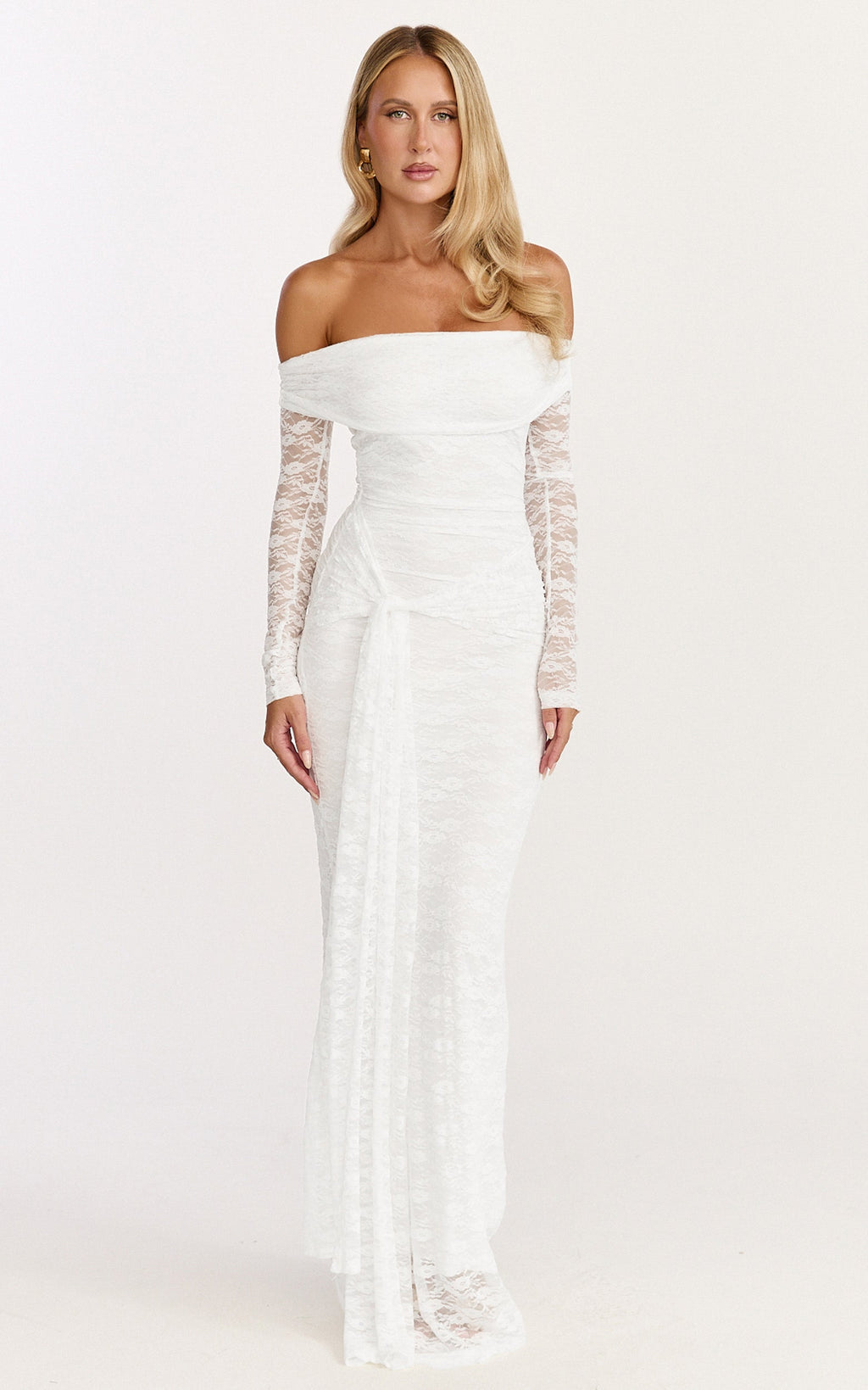 Melville Maxi Dress - Off Shoulder Long Sleeve Lace Dress in White