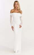 Melville Maxi Dress - Off Shoulder Long Sleeve Lace Dress in White