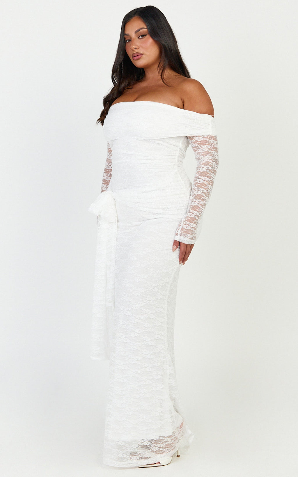 Melville Maxi Dress - Off Shoulder Long Sleeve Lace Dress in White