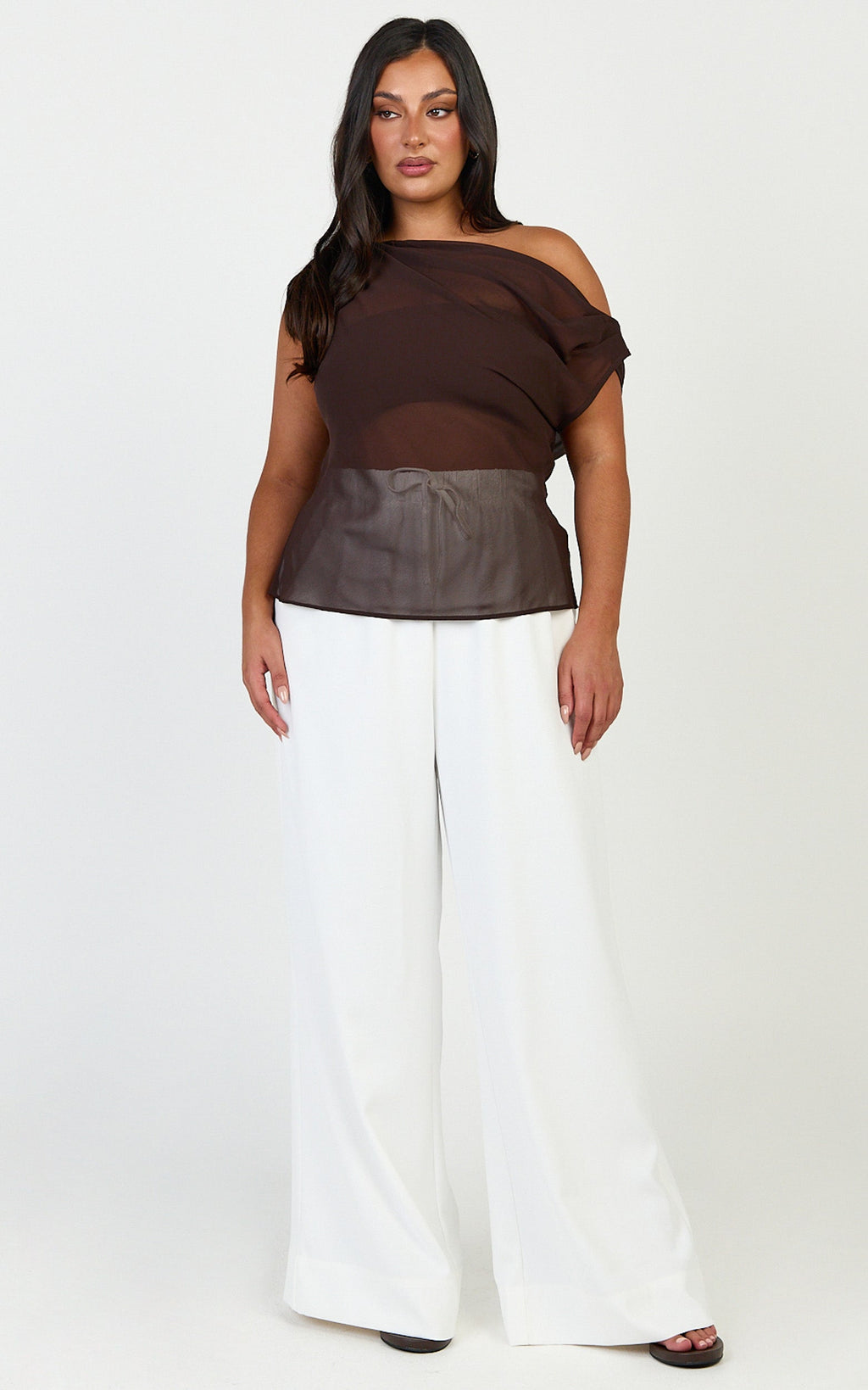 Milla Top - Georgette Asymmetric Draped Top in Chocolate
