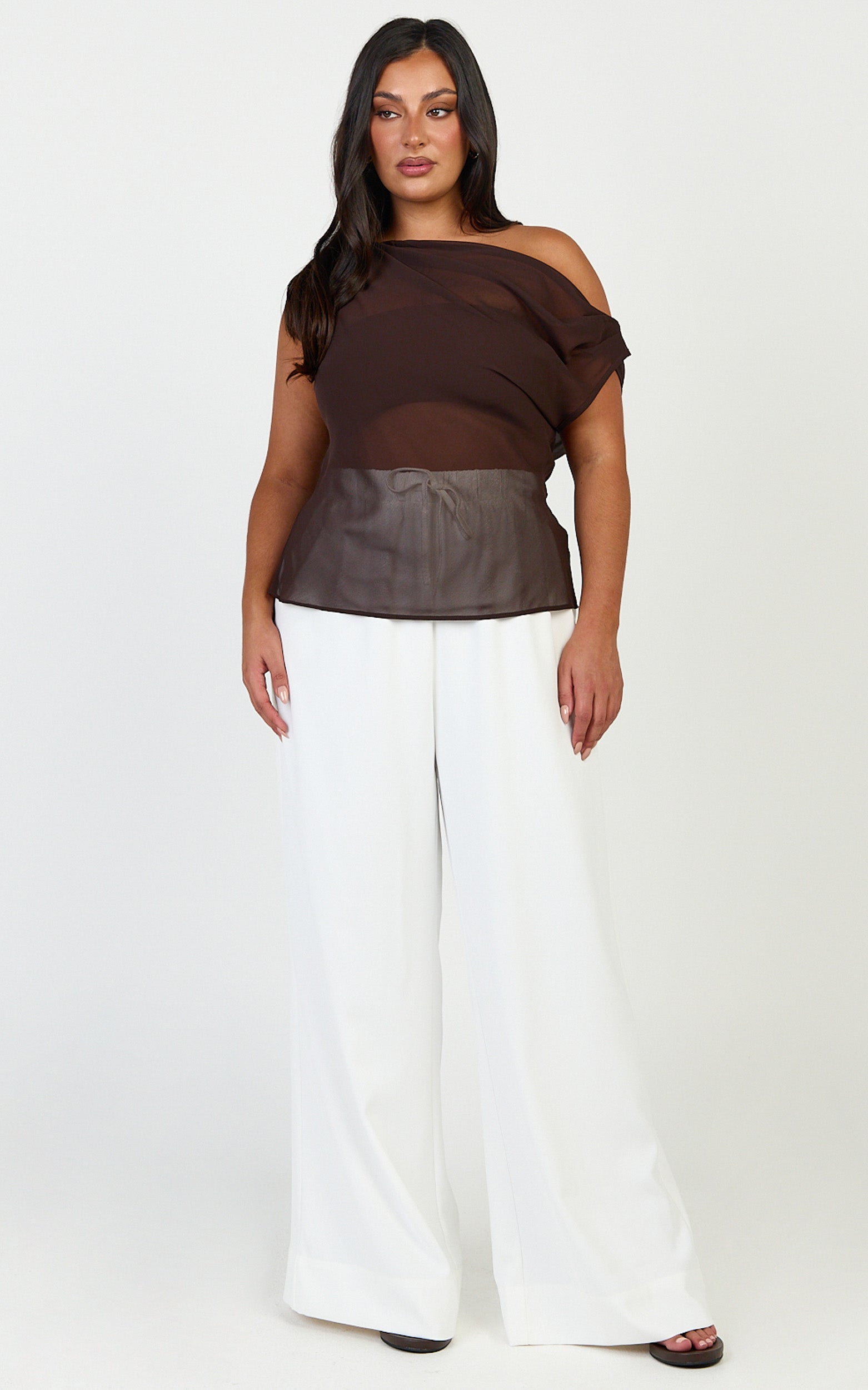 Milla Top - Georgette Asymmetric Draped Top in Chocolate
