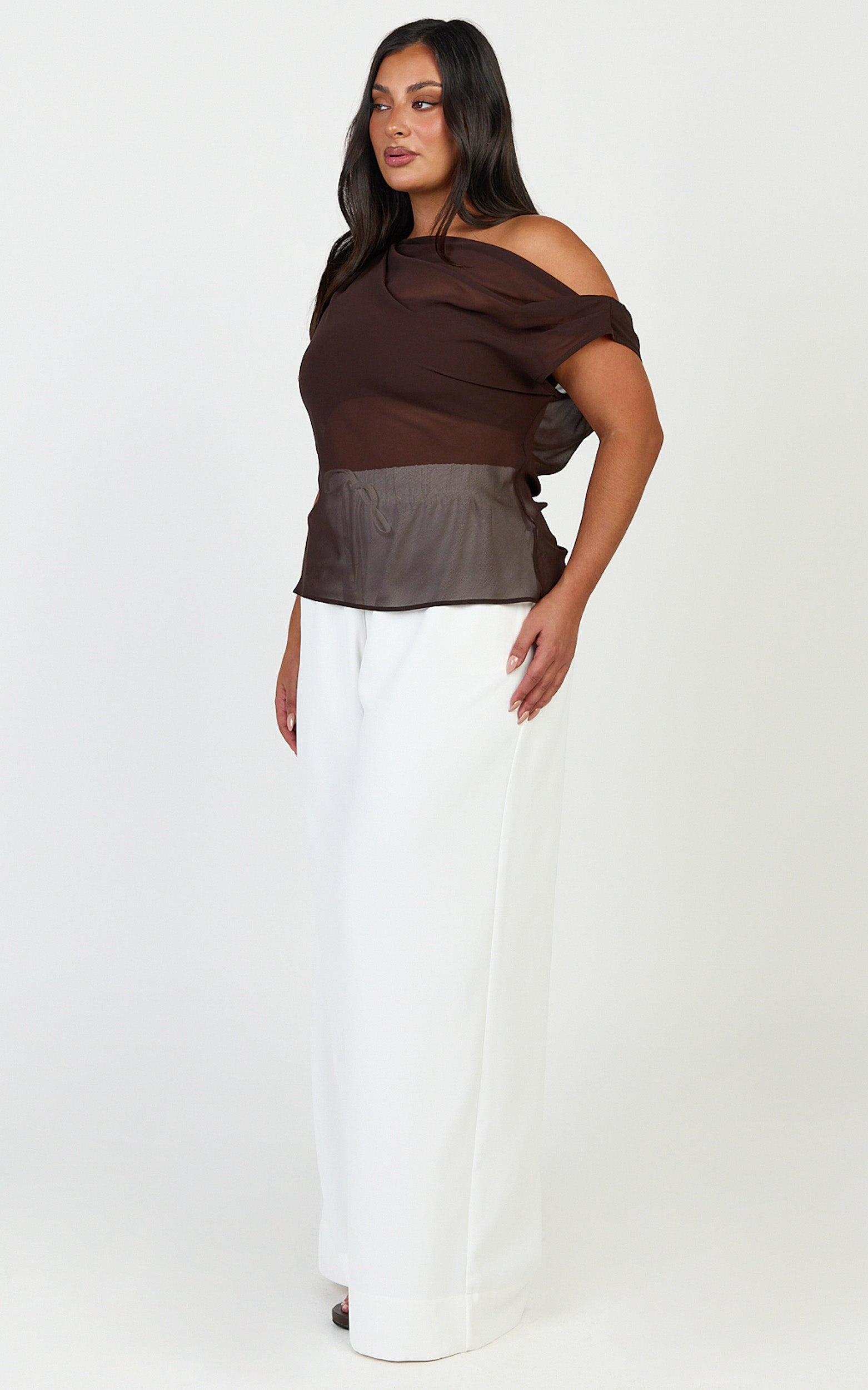 Milla Top - Georgette Asymmetric Draped Top in Chocolate