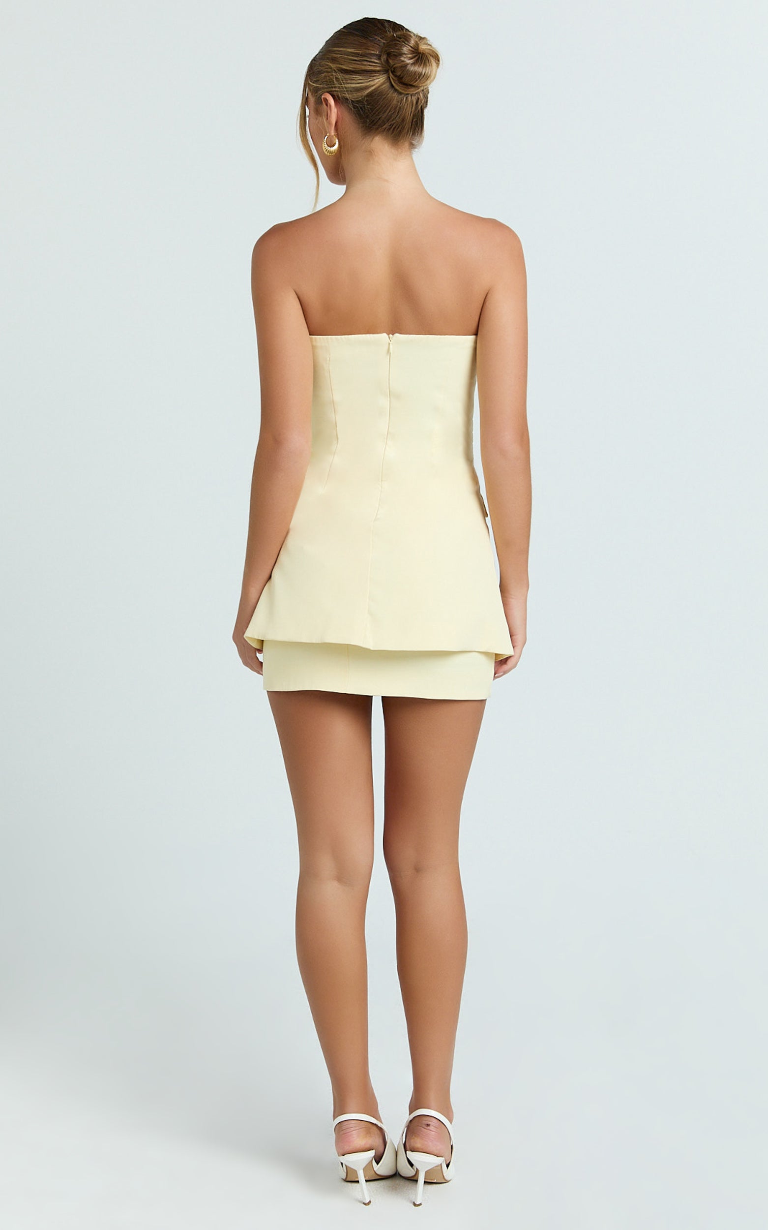 Monroe Two Piece Set - Strapless Button Down Longline Vest Top and High Waisted Mini Skirt in Butter Yellow