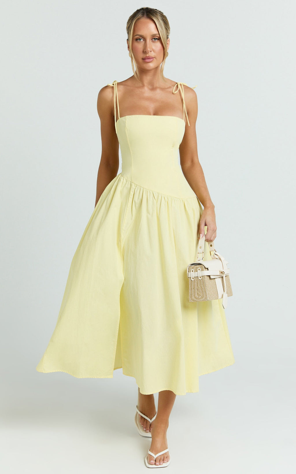 Myrtle Midi Dress - Straight Neck Curved Drop Waist Gathered Full Skirt Dress in Lemon