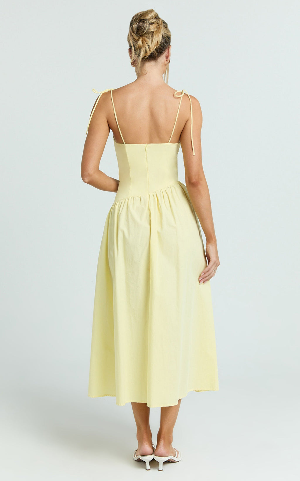 Myrtle Midi Dress - Straight Neck Curved Drop Waist Gathered Full Skirt Dress in Lemon