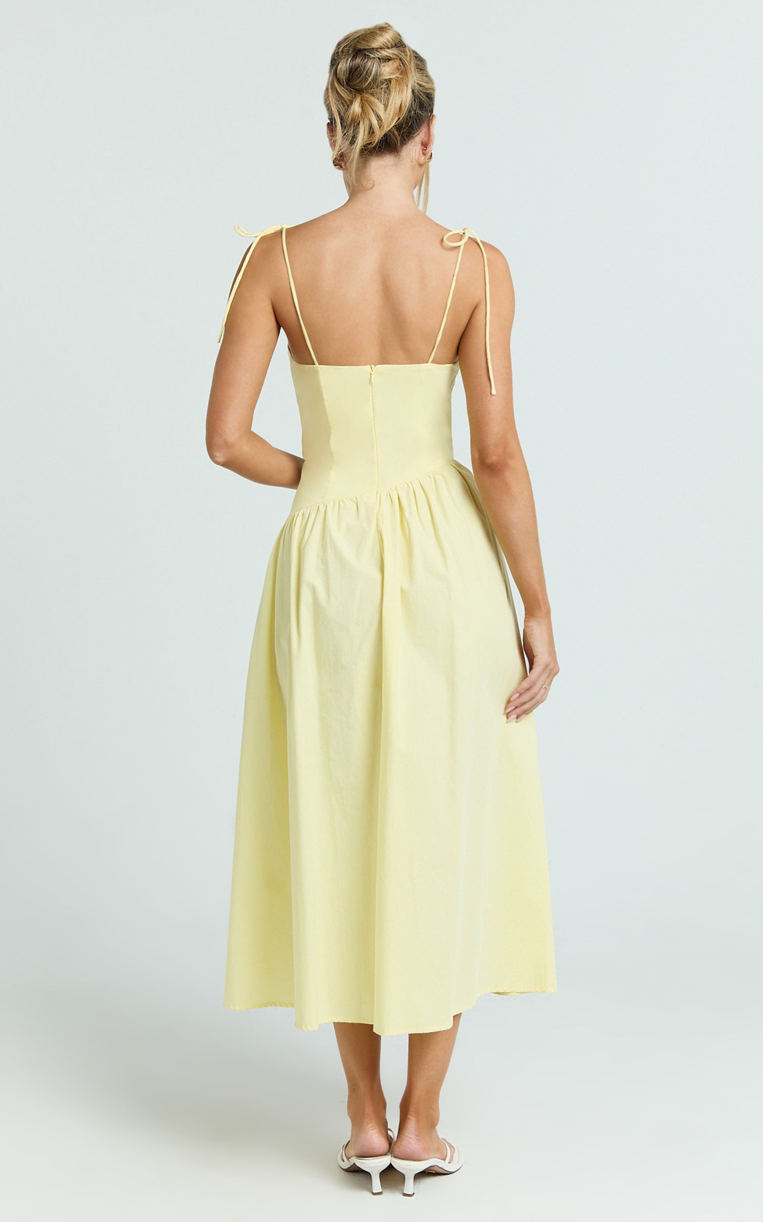 Myrtle Midi Dress - Straight Neck Curved Drop Waist Gathered Full Skirt Dress in Lemon