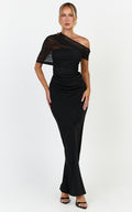 Nami Maxi Dress - Overlay Off Shoulder Draped Cowl Waist Dress in Black