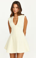 Nelson Mini Dress - Low Cut Boucle Fit & Flare Mini Dress in Cream