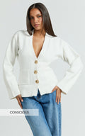 Nerissa Cardigan - V Neck Recycled Knit Contoured Cardigan in Cream